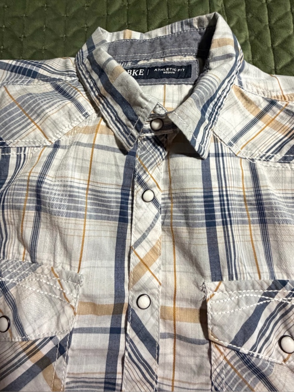 BKE Plaid Athletic Fit Western Shirt Blue White Long Sleeve Pearl Snaps Medium